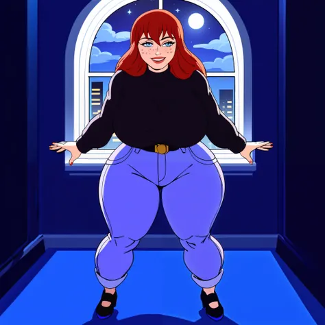 score_9, score_8_up, score_7_up, score_6_up, score_5_up, score_4_up, BREAK, 1girl, MJ, freckles arcoss face, blue eyes, dark red hair, long sleeve black shirt, dark blue long jeans, blue black shoes, long straight hair, 1girl, ((huge breasts, huge butt, th...