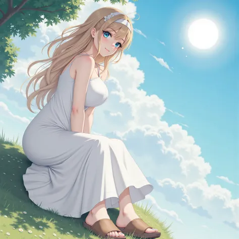 krono  _clogs,dte __live, color _pure, 1 girl,bngs ,bre_Legs,bre_ Shoulder,brefoot,blue_Eyes,blue_Heaven,Blush,  closed_Mouth,Cloud,collrbone ,dy,Dress,feet,Blume,foot_focus,shortening,Gray_long,long_between_Eyes,ht,ht_Blume,just_long,just_long_between_Eye...