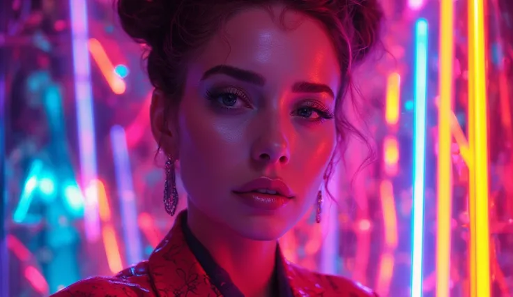 a woman in a colorful neon-lit fashion portrait, beautiful detailed eyes, beautiful detailed lips, long eyelashes, intricate hairstyle, vibrant neon colors, dramatic lighting, high fashion outfit, cinematic composition, photorealistic, 8K, hyper detailed, ...