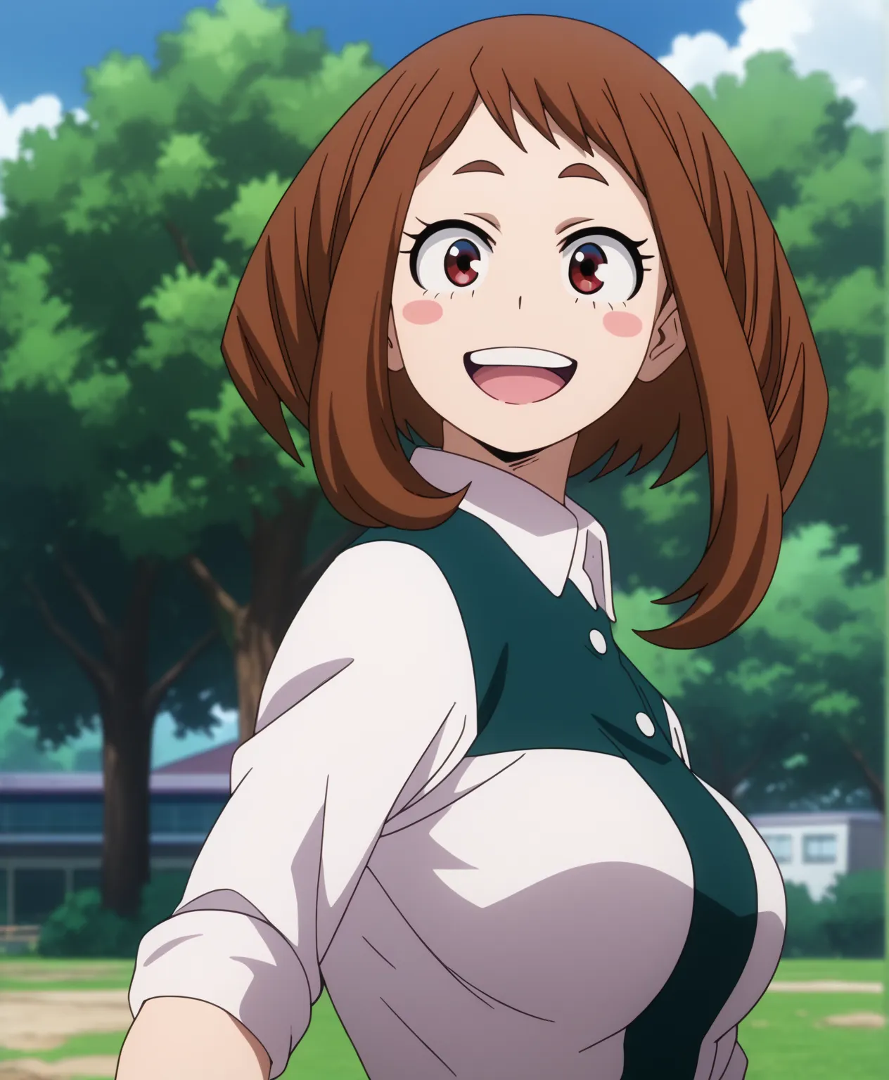   Ochaco Uraraka ,1 girl,Alone ,body, blush stickers, short ass hair,sidelocks, breasts,medium  breasts, looking at the spectator,hull,, smile, open your mouth, only upper teeth, upper body BREAK outdoors,open field,Tall trees,School buildings, light breez...