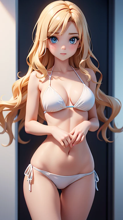  of eleven years   ,   long wavy blonde hair  ,   Bright blue eyes  ,  and slender ,    white skin  ,  dark blue bikini   ,   upper half of her body   ,    in front of the spectator   ,  Anxious  ,   looking at the viewer  