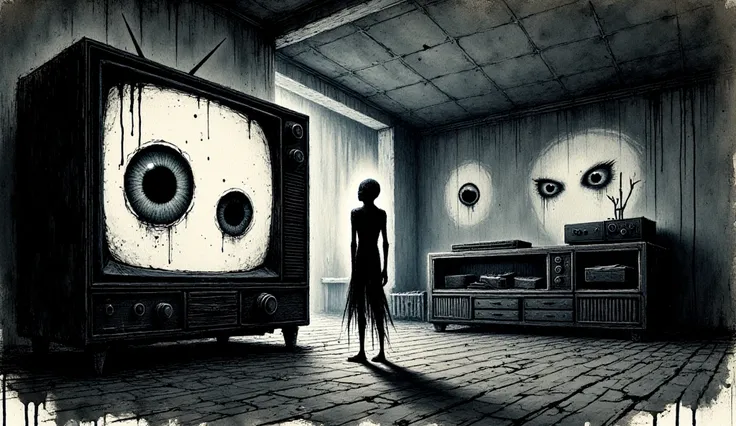 Photo of a  watching tv. Theres giant eyes on tv