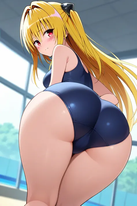  1 girl, one,   long hair,   closed mouth, in a school swimsuit,   open eyes, very embarrassed face, disturbances, very reddening, school pool background, love-ru , konjiki na yami,  1girl,  red eyes,   yellow hair,  Masterpiece ,  top quality,  hands behi...