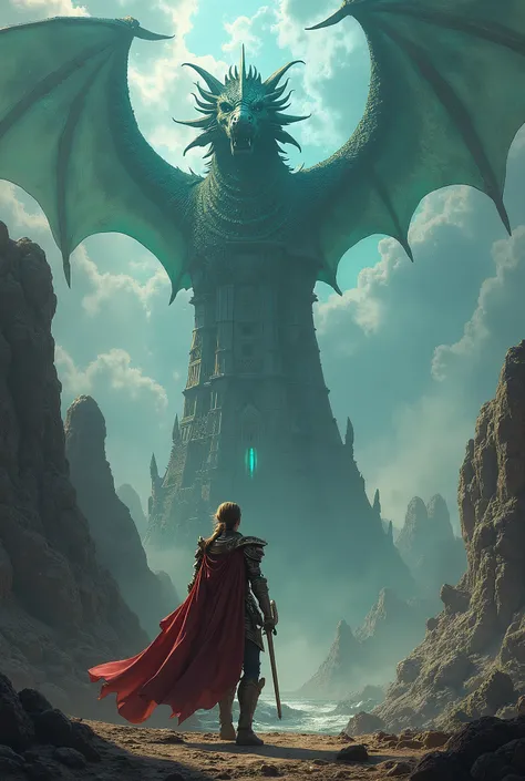 A warrior rescuing their beloved from a tower guarded by a mystical dragon.
