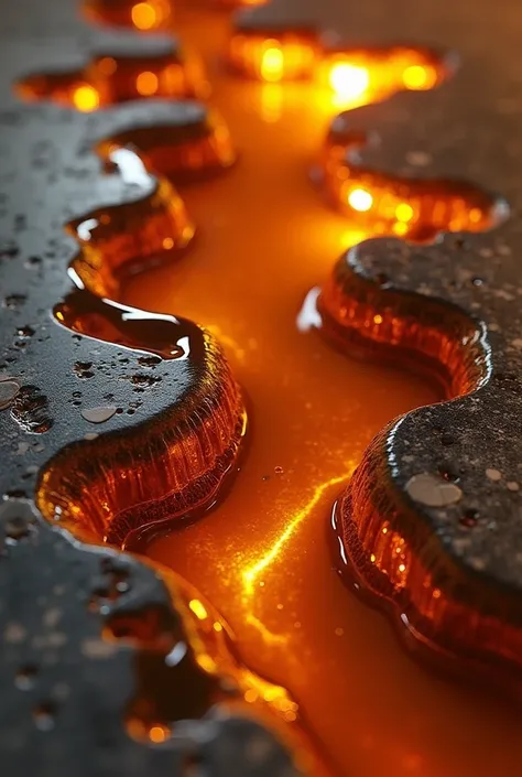 Molten amber resin sculpted with fluid simulation, flowing naturally with rich translucency. A glass shader with subsurface scattering creates a warm, glowing effect. Slow, hypnotic drips cascade onto a dark marble surface, enhancing contrast and realism.