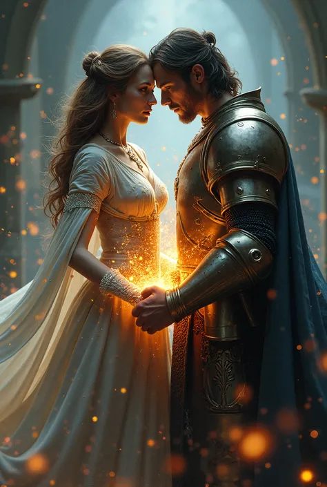 A sorceress and a knight locked in a magical embrace, their hands glowing with intertwined spells.
