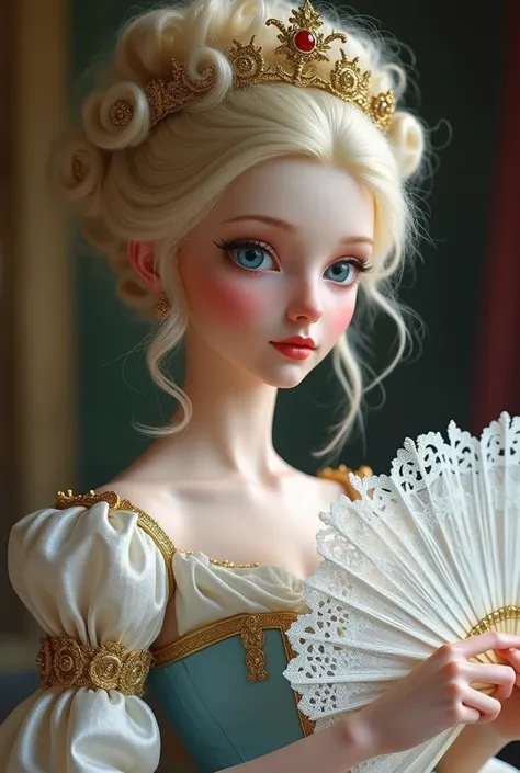 Princess wearing white pink and blue rococo dress with gold details, pale skin big blue eyes, Marked blush, small, red lips, blonde hair tied in a large bun with several curls holding a white fan with lace 