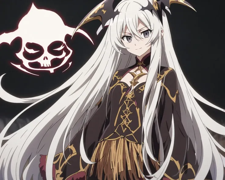  Long hair,  fringe between the eyes,  very long hair,  white hair,  small breasts,  Slight smile,  simple background, black crown,  anime style,  necromancer,  black eyes, necromancer, 1 , 