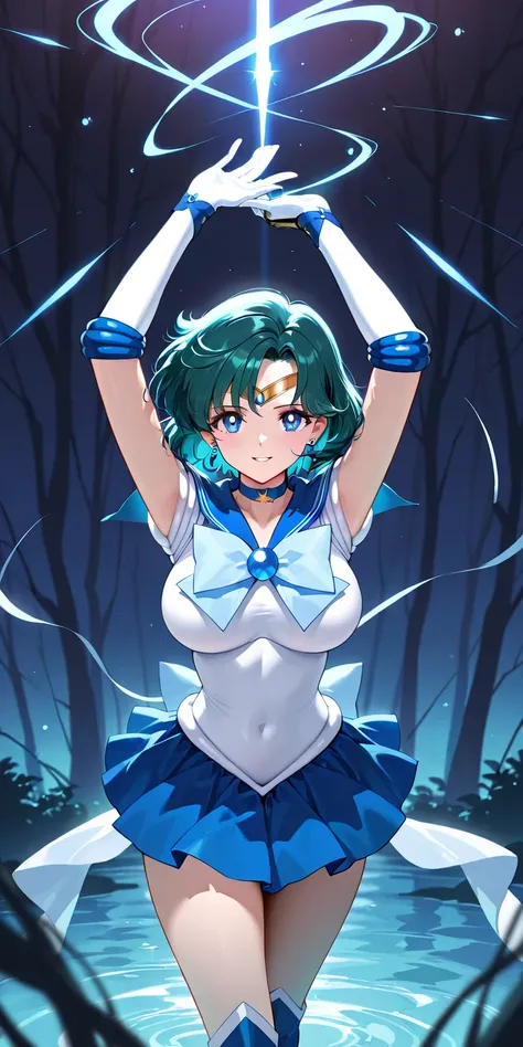 Masterpiece, elegant mature woman, sailor moon\(sailor moon\), sailor mercury\(sailor mercury\), tall body, big breast, sailor senshi uniform (sailor senshi uniform skirt, sailor senshi uniform gauntlet, sailor senshi uniform high boots), parted lips, smil...