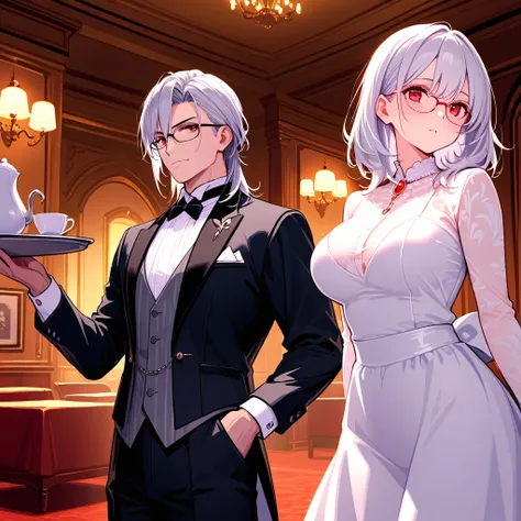 8k, Masterpiece, best quality, ultra detailed, high resolution, super fine illustration, 1boy,butler, glasses, red eyes,silver hair, medium hair,holding tray, elegant, detailed gest room background,