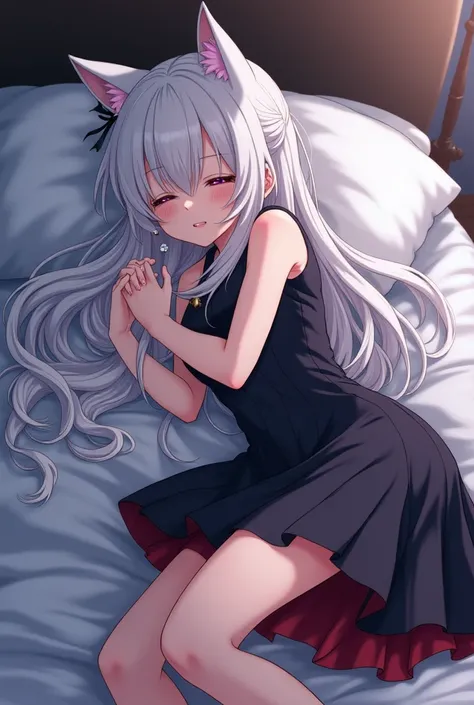 Anime vampire girl ,  very long white hair , big purple eyes,  short black dress, Sleeping on a bed next to the anime boy with cat ears and pirate dress, rubio,  semi-long hair earrings, honey brown eyes , Embracing the Vampire Girl,  while both are sleepi...