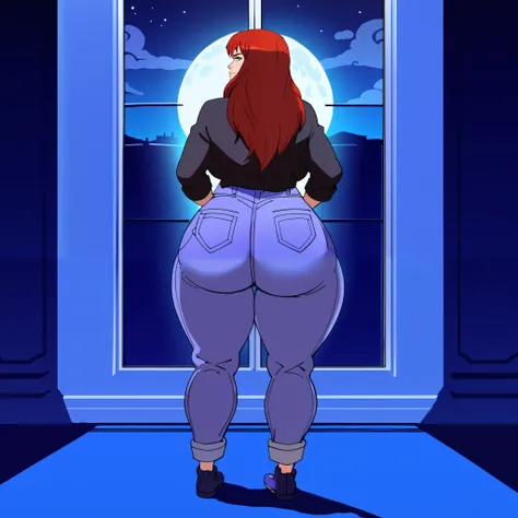score_9, score_8_up, score_7_up, score_6_up, score_5_up, score_4_up, BREAK, 1girl, MJ, freckles arcoss face, blue eyes, dark red hair, long sleeve black shirt, dark blue long jeans, blue black shoes, long straight hair, 1girl, ((huge breasts, huge butt, th...
