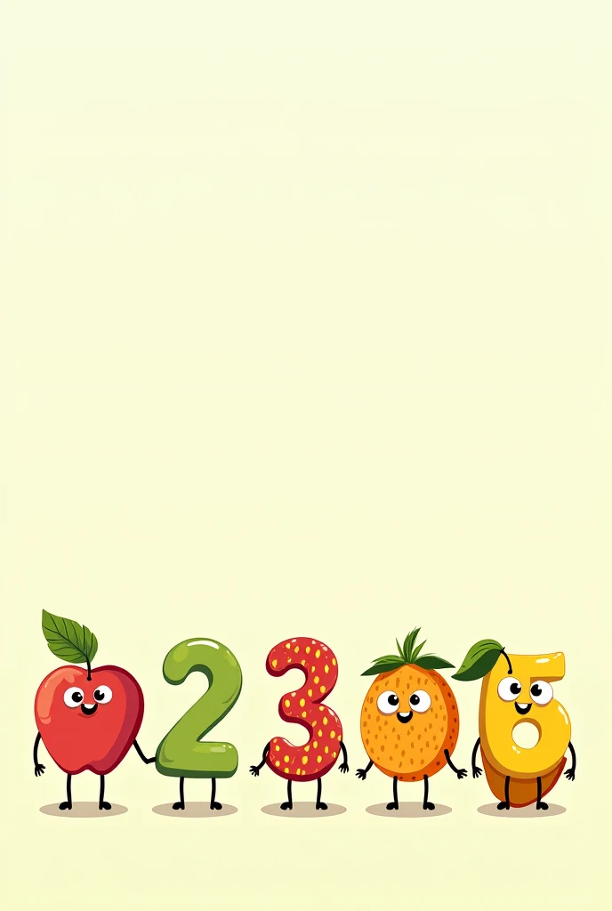 Illustrate number 1 2 3 4 5  and Apple bnana orange strawberry and mango with eyes legs and hand with natural background