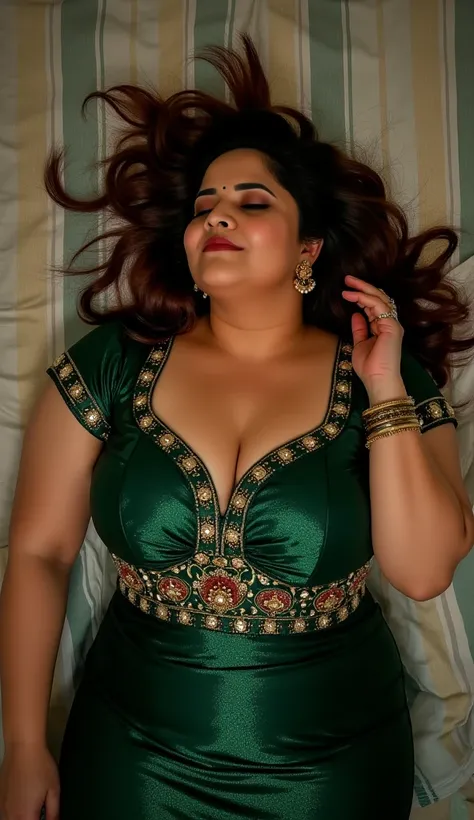 Full body image, extreme wide angle shot, wide angle picture, top view Full body image, indian hourglass body, Indian medium plus sized 25 year old Telugu bride anasuya, lovely face, mouth wide open, large swooping breasts, belley button exposed, partially...