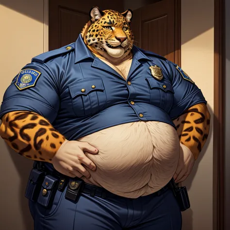  Benjamin Clawhauser  (leopard, massively huge belly, extremely fat (  1000 lb : 1.1 ),  huge, puffy body , superobesity ,  morbid obesity,  fluffy ,  hairy,  big, chubby cheeks , ), Policeman,  police uniform,  tight clothing, pop up button ,  Fully dress...