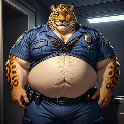  Benjamin Clawhauser  (leopard, massively huge belly, extremely fat (  1000 lb : 1.1 ),  huge, puffy body , superobesity ,  morbid obesity,  fluffy ,  hairy,  big, chubby cheeks , ), Policeman,  police uniform,  tight clothing, pop up button ,  Fully dress...