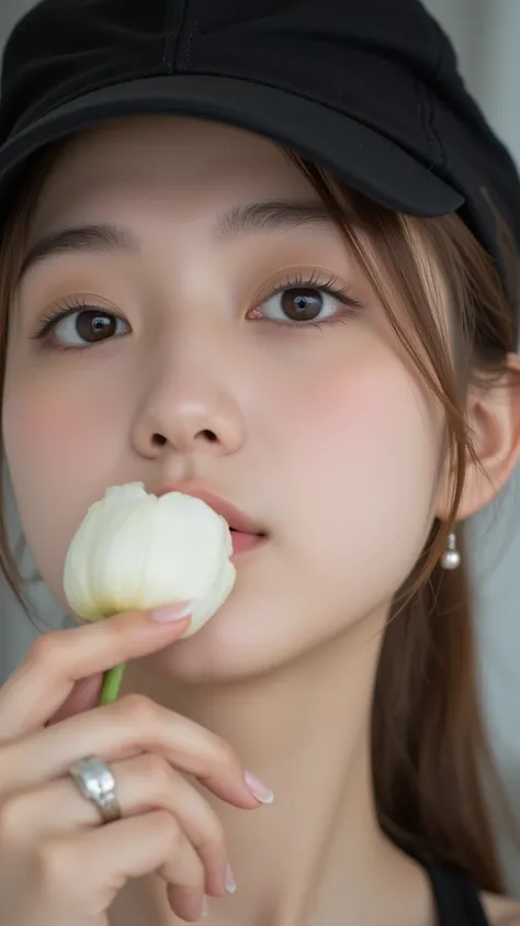 8K RAW photo.Brown
 semi-long hair pulled back.
A tall, young, beautiful Japanese woman with a debauched expression holds a “stemless” white “flower bud” with only the petals in her mouth.
Black cap. Small silver dolphin earrings. Silver ring.