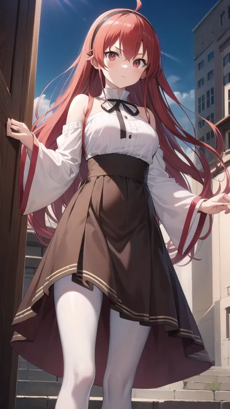 Masterpieces, Best Quality, girl, looking at viewer, eris greyrat, ahoge, hair between eyes, long hair, (red eyes:1.5), red hair, sidelocks, large breasts, BREAK black hairband, black ribbon, brown skirt, hairband, long sleeves, neck ribbon, pantyhose, rib...