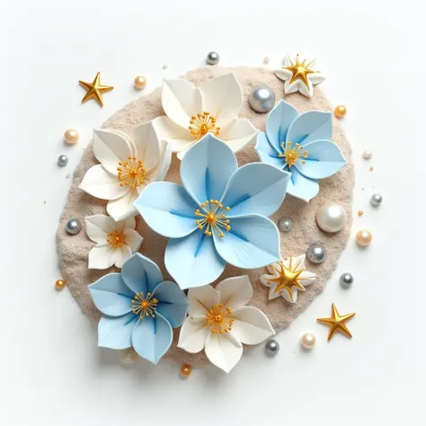 3d, white background, filaments graphiques et abstraits,  high definition, ajouter au centre des fleurs bleues, golden, blanches et des galets gris, Fine sand , ornements pearls and stars en parfaite harmonie avec l'ensemble de l'image