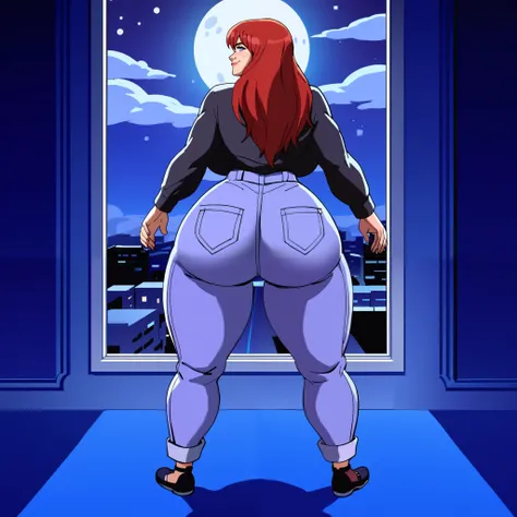 score_9, score_8_up, score_7_up, score_6_up, score_5_up, score_4_up, BREAK, 1girl, MJ, freckles arcoss face, blue eyes, dark red hair, long sleeve black shirt, dark blue long jeans, blue black shoes, long straight hair, 1girl, ((huge breasts, huge butt, th...