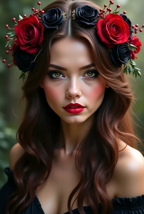 a brown haired brown eyed woman. dark smoky sexy goddess makeup and a romantic half up half down hairstyle with red and black roses berries and vines in her hair