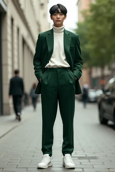 A ager with a dark green coat suit and dark green pant and a white turtleneck t-shirt and a white sneakers 