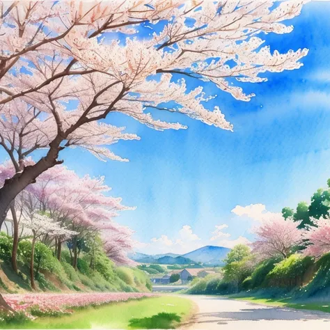 (    masterpiece:1.2,     top quality),(   very detailed  ),(((watercolor))),8k,    wallpaper, spring, Cherry Blossoms. Fuji,    blue sky,(((    Ghibli style    ))),透明watercolor