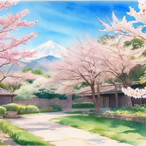 (    masterpiece:1.2,     top quality),(   very detailed  ),(((watercolor))),8k,    wallpaper, spring, Cherry Blossoms. Fuji,    blue sky,(((    Ghibli style    ))),透明watercolor