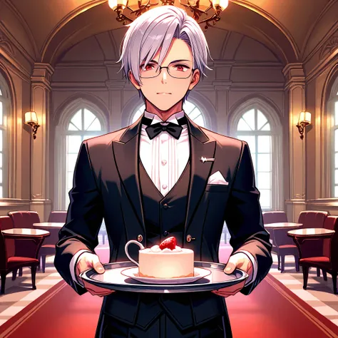 8k, Masterpiece, best quality, ultra detailed, high resolution, super fine illustration, 1boy,butler, glasses, red eyes,silver hair, short hair,holding tray, elegant, detailed gest room background,