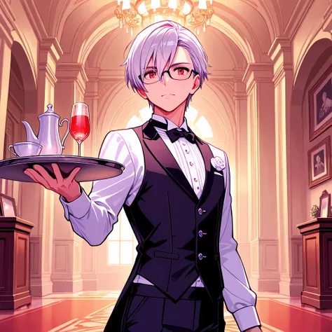 8k, Masterpiece, best quality, ultra detailed, high resolution, super fine illustration, 1boy,butler, glasses, red eyes,silver hair, short hair,holding tray, elegant, detailed gest room background,