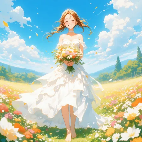 (a woman is standing) (wearing a white wedding dress) (A field of flowers, blue sky) Beautiful anime style portrait, Detailed portrait of beautiful anime style girl, 
Beautiful anime style portrait, Beautiful anime woman, 
Digital animation illustration, A...