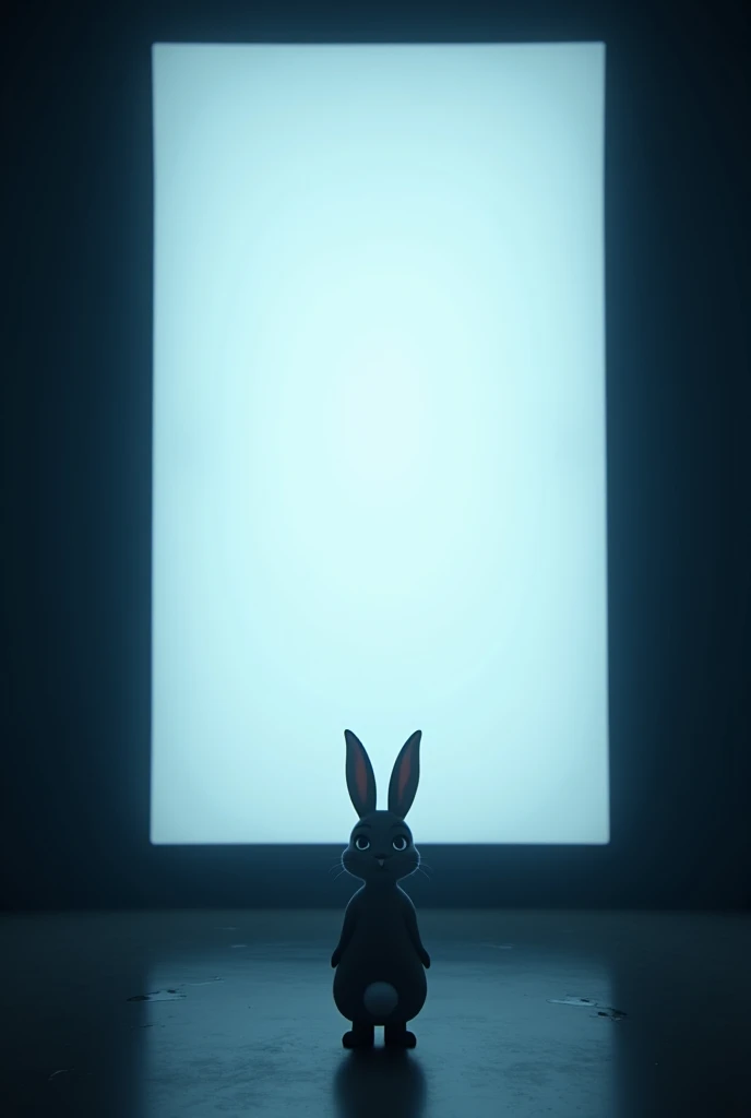 A rabbit alonefaces (like Judy in Zootopia) a giant  screen. infront of the screen and look up at the screen environment are darkness 