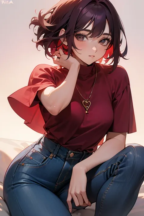  young adult woman; king;  calm expression ; ;  Soft smile;  deeply in love with the viewer ; mirada enamorada;  with a short maroon top and blue jeans;  Medium Hair; giving the viewer a kiss ;  athletic physique