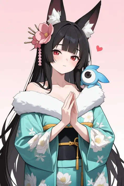 masterpiece, best quality, good quality, newest, highres, absurdres, 1girl, solo, long hair, looking at viewer, blush, black hair, long sleeves, hair ornament, red eyes, animal ears, closed mouth, very long hair, collarbone, upper body, flower, heart, japa...