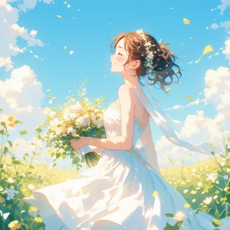 (a woman is standing) (side view of woman) (wearing a white wedding dress) (A field of flowers, blue sky) Beautiful anime style portrait, Detailed portrait of beautiful anime style girl, 
Beautiful anime style portrait, Beautiful anime woman, 
Digital anim...