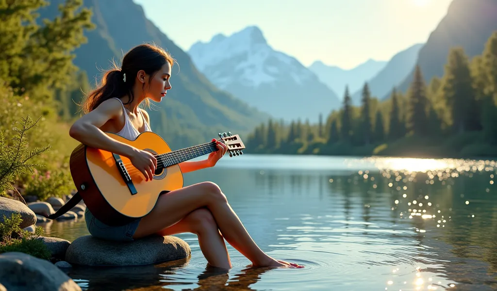 1 pretty girl play guitar, mountain, river, Water flowing