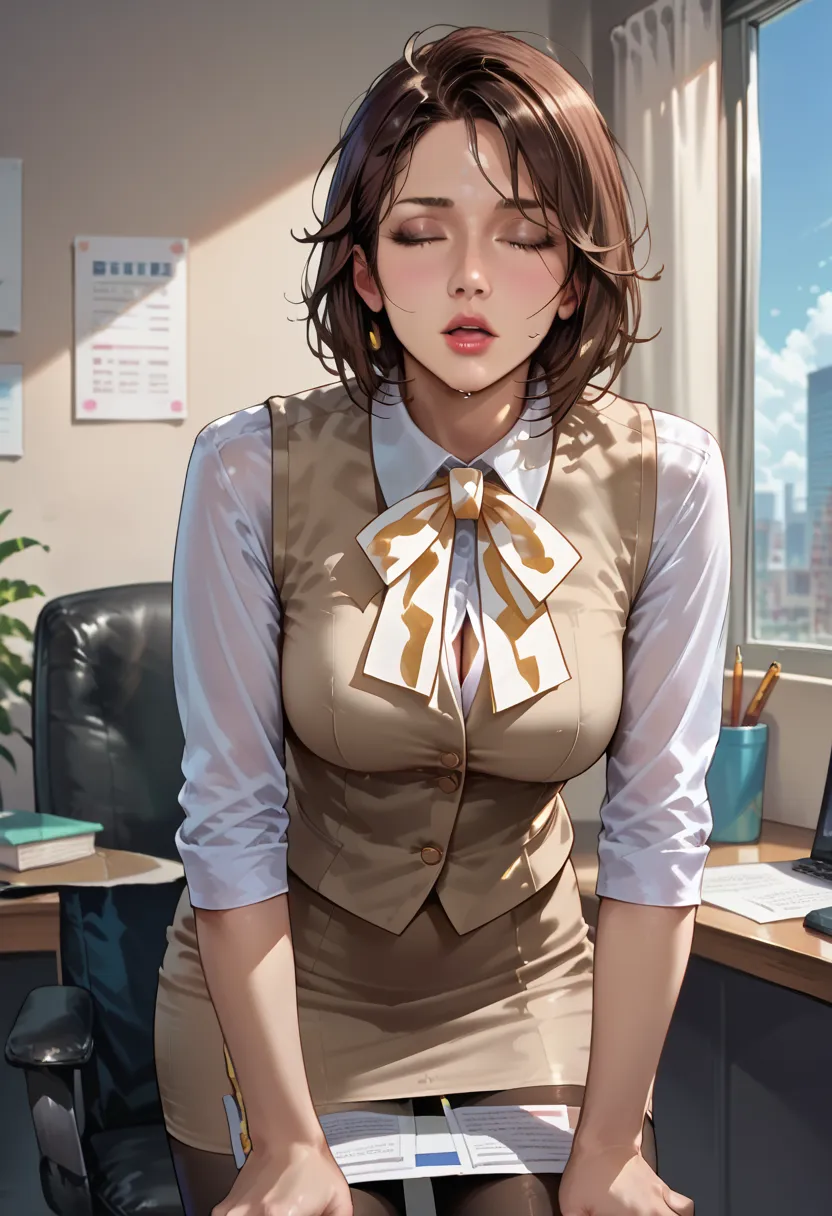 High resolution, high quality, 4K, Score_9_up, score_8_up, score_7_up, source_realistic, cowboy shot, BREAK 1girl, solo, front view, front shot, pm3d1c, brown hair, bob haircut, light blue shirt, vest, formal, bow, pencil skirt, high waist skirt, cleavage,...