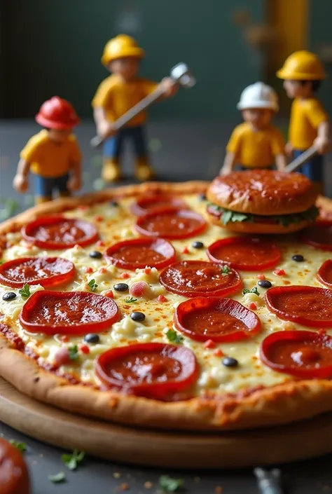 Imagine a giant , delicious pepperoni pizza placed on a table, but instead of being prepared in a kitchen, it’s being "repaired" and "constructed" by workers dressed in construction gear. The workers could be using tiny tools like wrenches, hammers, and dr...