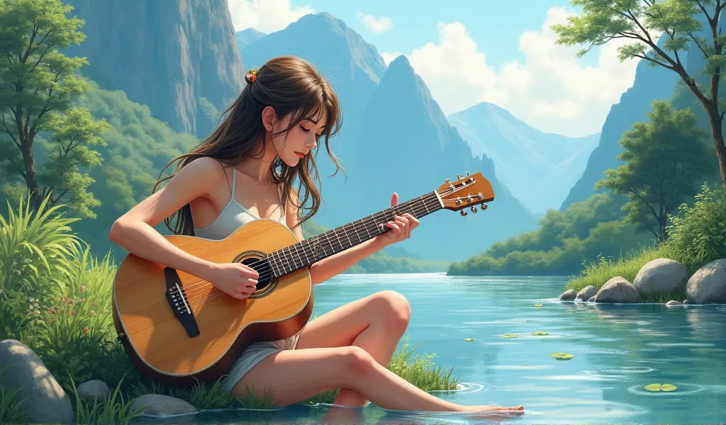 1 pretty girl play guitar, mountain, river, Water flowing, white skinned, brown hair, shorter pants 