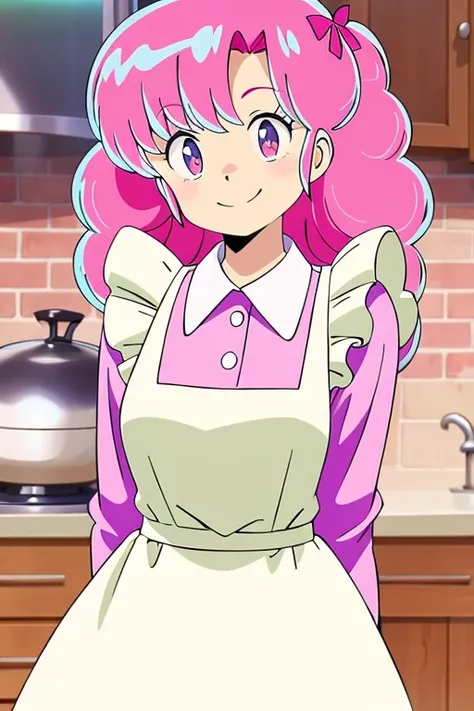 Ran-chan from Urusei Yatsura, only one, pink hair color, smiling, white apron with cute frills, pink blouse, blouse is pink with white collar, background is kitchen.