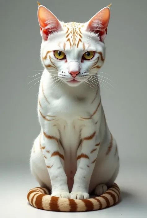 A female cat with white ears, white hair and a tail identical to that of a Bengal tiger with slanted yellow eyes and black lips. 