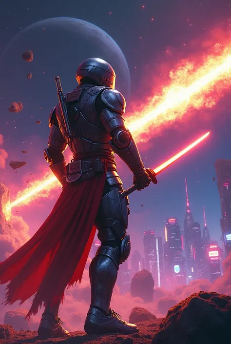 A vintage sci-fi style robotic samurai, viewed from behind, slicing a fiery meteor in space with a glowing laser katana. His sleek, retro metal armor shines under the purple and blue hues of a neon-lit planetary metropolis below. Sparks and debris scatter ...