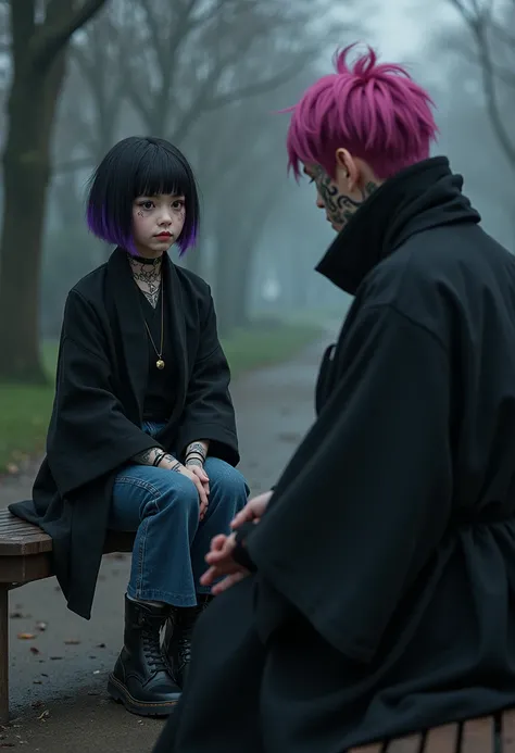  A girl, Dark eyes, Short and black hair, purple fringe,Black boots, black coat,  jeans, she is sitting on a bench looking at a man in Japanese clothes,  black scarf ,  pink hair,eyes tattoos on her face .