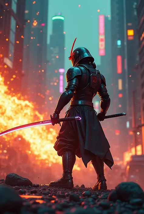 A retro-futuristic samurai android, standing heroically with a glowing energy katana, slicing a massive meteor falling from the sky. His metallic armor reflects the neon lights of a futuristic city behind him. The meteor cracks, sending glowing fragments f...