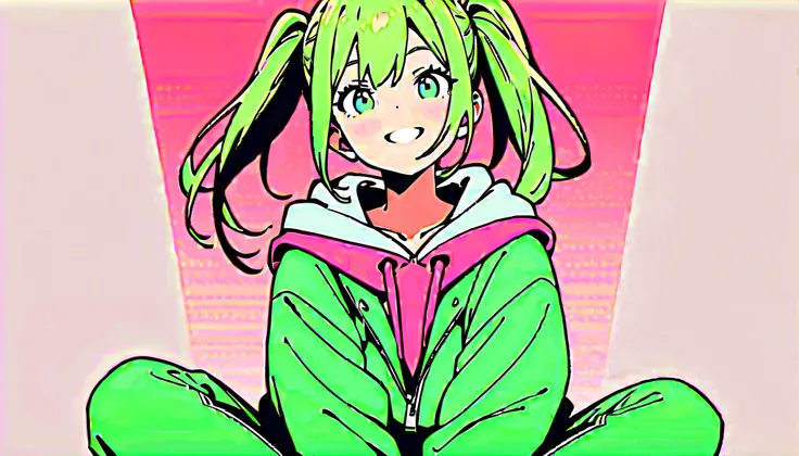 flat color, (masterpiece, Highest quality), 
straight-on, One Girl, alone, 
(green hair, twin tail) and (green eyes), hoodie,
happy, Indian style, sitting, 
flat illustrations, highly detailed, Dynamic Angle, beautiful detailed, smiling, (Highest quality, ...