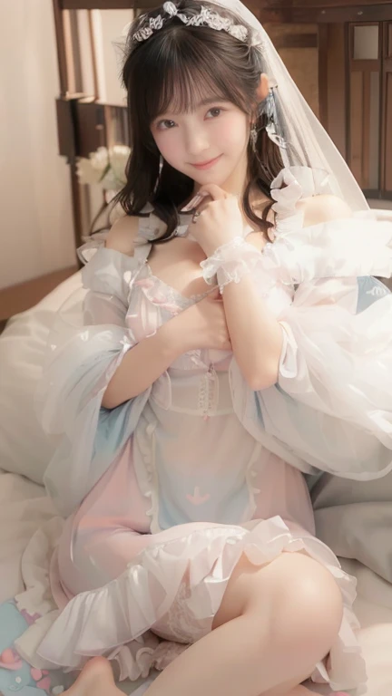 (   top quality、   masterpiece、8k、   Highest Quality、(((( transparent nightwear  )))),    lace lingerie for intimate touch ,    hyperrealism 、   Award-winning work   )、1 Lolita girl、(   alone:1.1)、(   1 photo:1.1)、(  キュートでガーリーなライトピンクのフリルオープン chestロリータドレス:1...