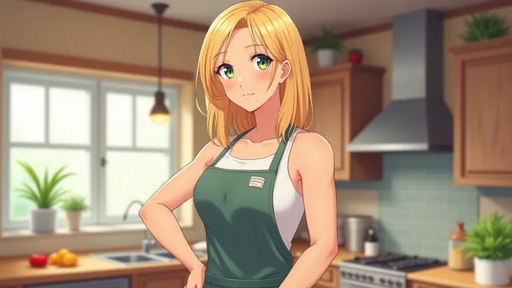 Beautiful anime girl,. 30 years not so high in height, girl some muscle gym blonde lovely cooking