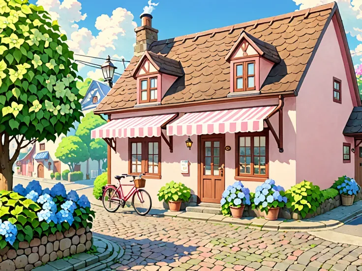 (game scene), best quality, ultra detailed, A charming bakery in a small town street, cottage-core style,pastel pink walls with brown wooden frames, slanted roof with chimney, flower boxes under windows (hydrangeas and ivy), cobblestone path, warm sunlight...