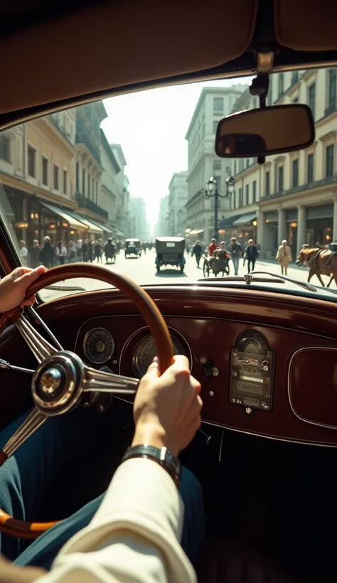 POV shot from the perspective of an Italian mafioso driving through the city in 1920s Italy. The viewer’s hands, clad in fine leather gloves or a crisp white shirt with cufflinks, grip the large wooden steering wheel of a vintage luxury automobile. The pol...