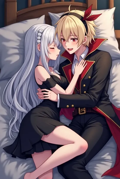 In an elegant room on a pirate ship, Dhalia the anime vampire girl with very long white hair, She's asleep on the bed wearing a short black dress. Icarus the pirate boy with long blond hair, loose and wavy, He looks at her with his big eyes coffee honey an...